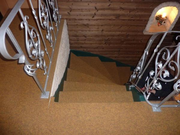 Treppe mit Teppich und silbern lackiertem Geländer 